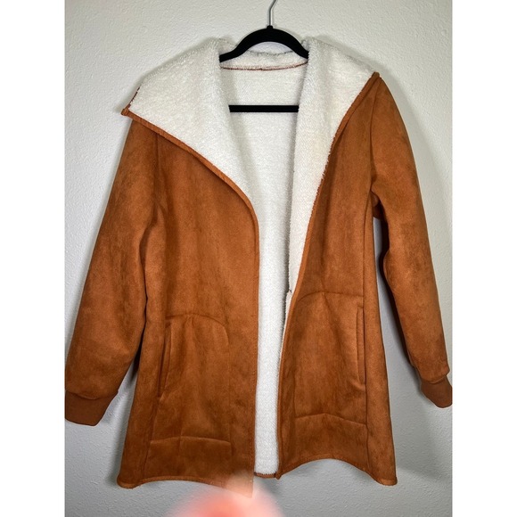 Unbranded Jackets & Blazers - Faux Suede Sherpa Lined Open Front Jacket Size M Cognac Brown Cozy Cabincore